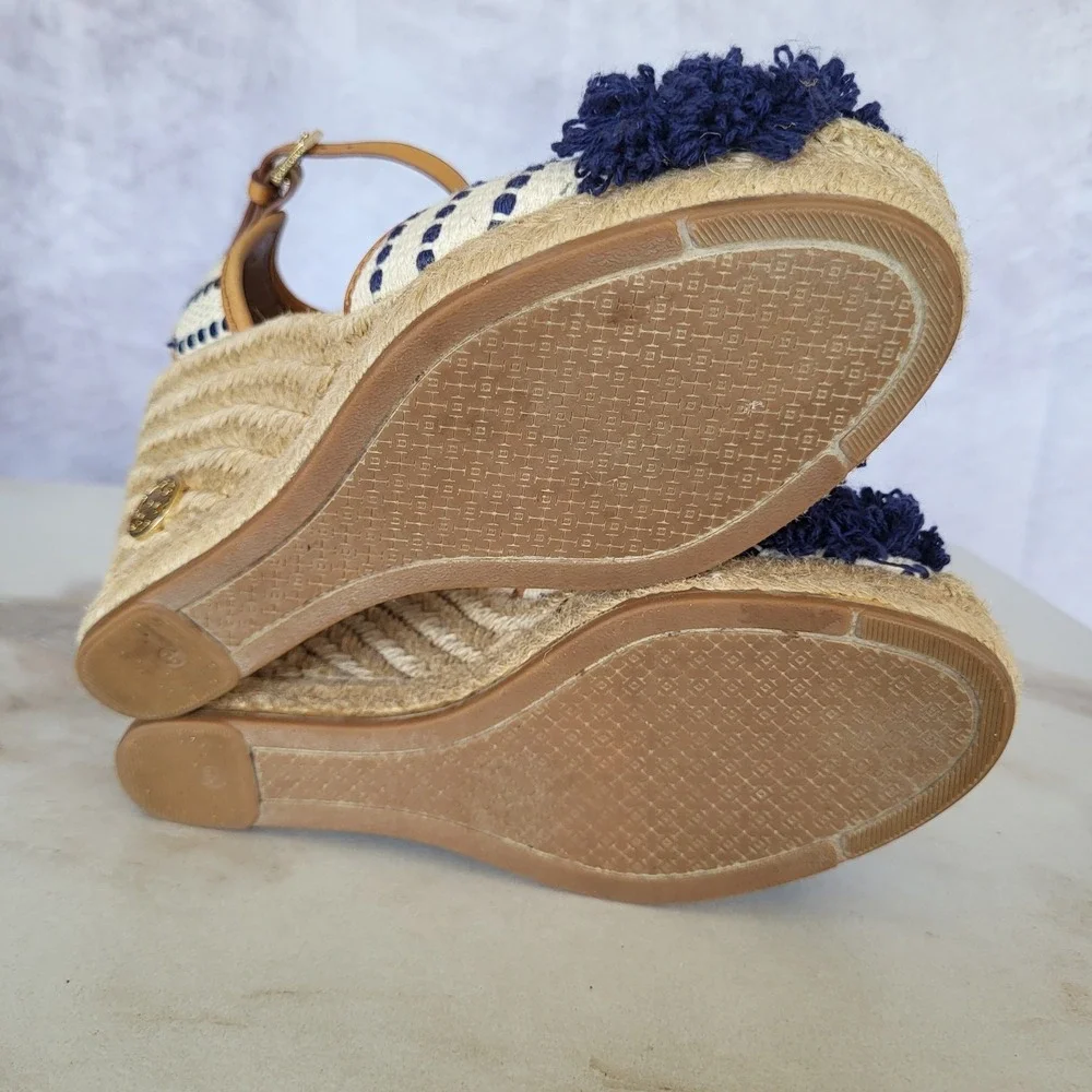Tory Burch Shaw PomPom Wedge Espadrille Ankle Strap Sandals Size 6.5 Blue Stipe